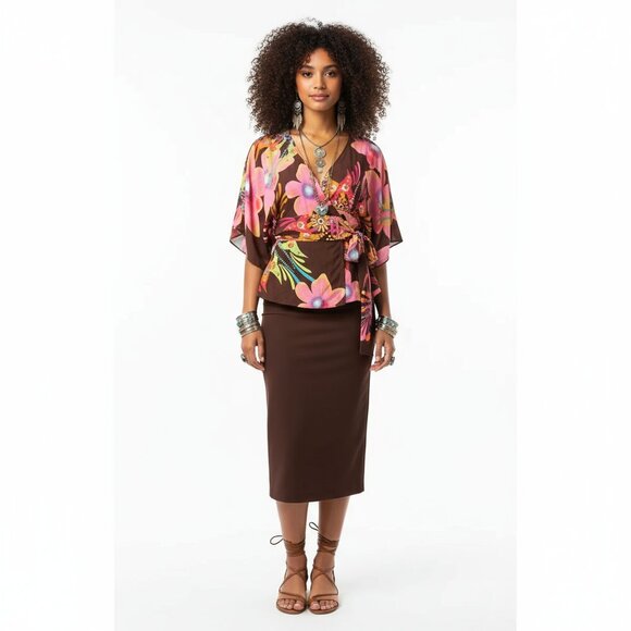 Tibi Pink & Brown Dark Floral Tropical Print Short Sleeve Wrap Front Top XS - Picture 7 of 7